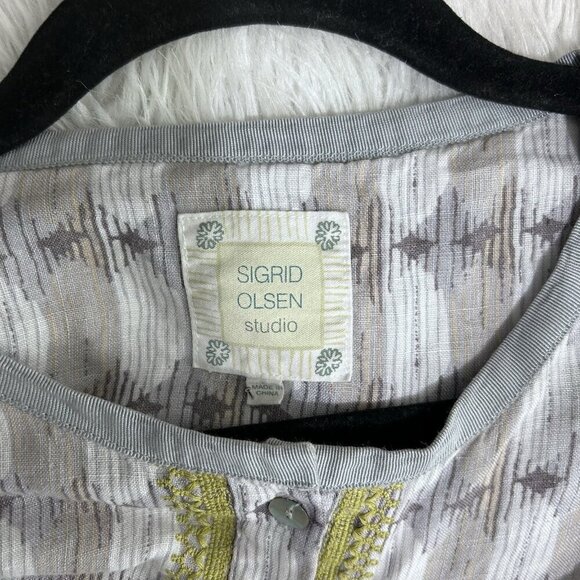 Sigrid Olsen Embroidered Linen Tunic Top Gray Lagenlook Coastal 1/2 Button Up L - Picture 8 of 11